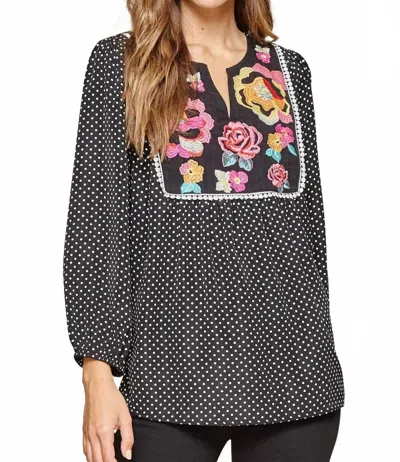 Andree By Unit Polka Dot Floral Embroidered Top In Black Multi In Black