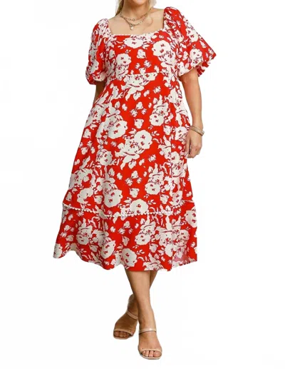 Umgee Floral Midi Dress With Trim Details - Plus In Red In Red