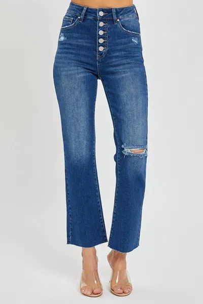Risen High Rise Button Down Ankle Straight Jeans In Dark In Blue