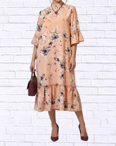 Diva Usa Floral Ruffle Hem Midi Dress In Soft Melon With A Touch Of Plum In Multi