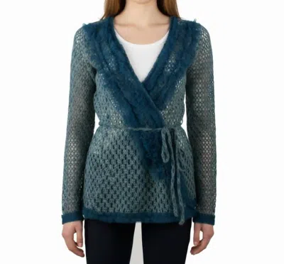 Ryu Ruffle Trim Cardigan In Teal In Neutral