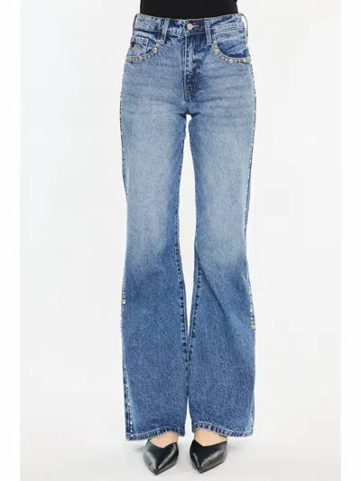 Kancan High Rise Wide Flare Studded Jeans In Medium Wash Denim In Blue