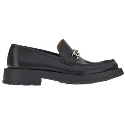 Ferragamo Leather Loafer With Gancini Metal Detail In Black