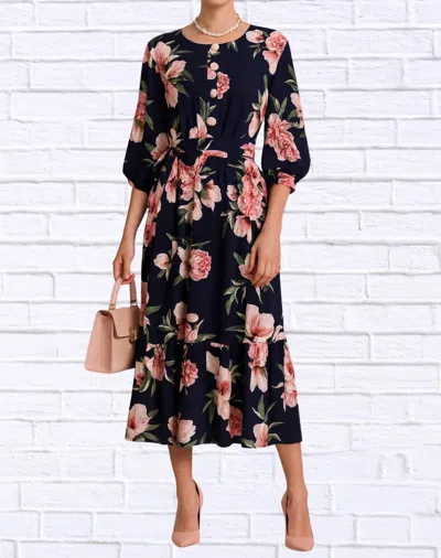 Diva Usa Floral Midi Dress With Belt And Side Pockets In Navy Blue And Pink Floral In Brown
