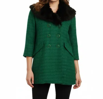 Tulle Double Breasted Coat With Faux Fur Collar In Deep Emerald In Green