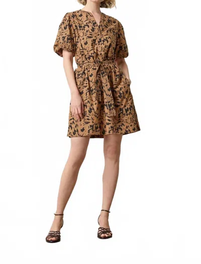 Lilla P Shirred Sleeve Split Neck Dress In Brown In Brown