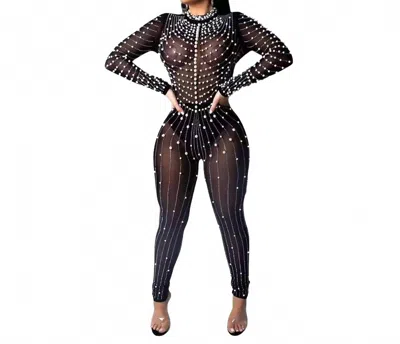Gaje Pearl Embellished Long Sleeve Bodycon Evening Jumpsuit In Black In Black