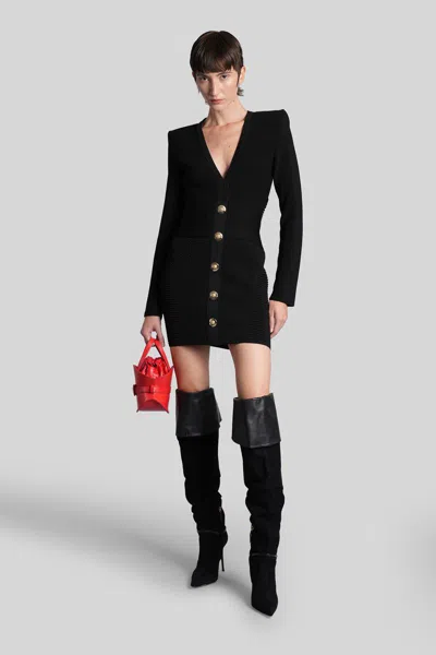Balmain Short Ribbed Knit Bodycon Dress In Black