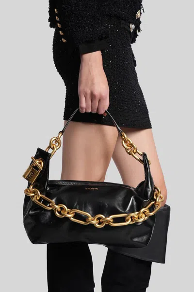Balmain Medium Leather Shoulder Bag With Chain Strap In Black