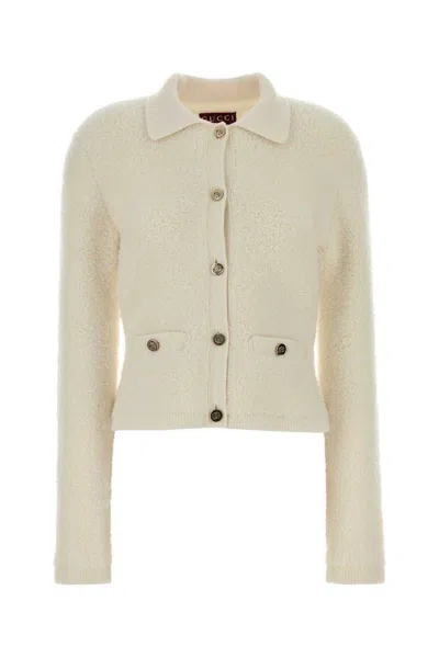 Gucci Textured Knit Cardigan With Collar And Sleeves In Neutral