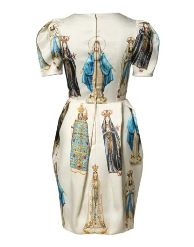 Dolce & Gabbana Beige Madonne Print Silk Short Sleeve Dress In Multi