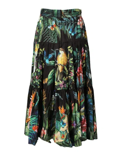 Dolce & Gabbana Black Cotton Floral High Waist Midi Skirt In Multi