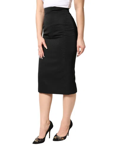Dolce & Gabbana Black Cotton Pencil Cut High Waist Midi Skirt In Multi