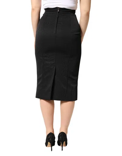 Dolce & Gabbana Black Cotton Pencil Cut High Waist Midi Skirt In Multi