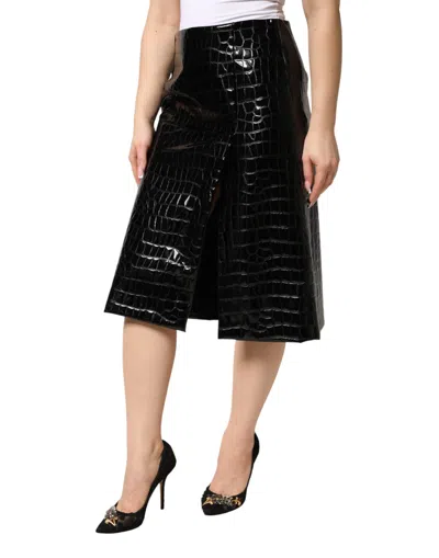 Pre-owned Dolce & Gabbana Black Croc Faux-leather Mid Waist Midi Women's Skirt ()