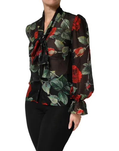Dolce & Gabbana Black Floral Long Sleeves Silk Blouse Top In Blue