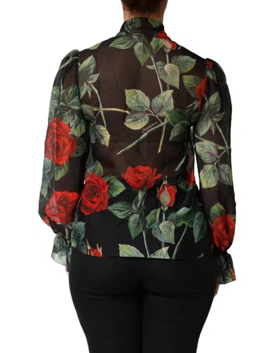 Dolce & Gabbana Black Floral Long Sleeves Silk Blouse Top In Blue