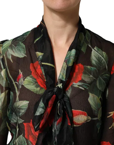 Dolce & Gabbana Black Floral Long Sleeves Silk Blouse Top In Blue