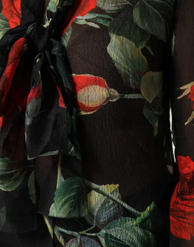 Dolce & Gabbana Black Floral Long Sleeves Silk Blouse Top In Blue