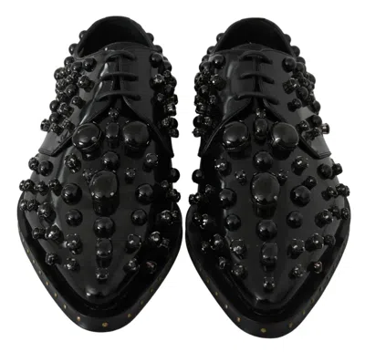 Dolce & Gabbana Black Leather Crystals Dress Broque Women's Shoes In Black
