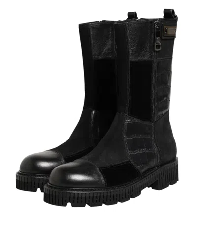 Dolce & Gabbana Black Patchwork Leather Mid Calf Boot  Men's Shoes In Black