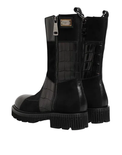 Dolce & Gabbana Black Patchwork Leather Mid Calf Boot  Men's Shoes In Black