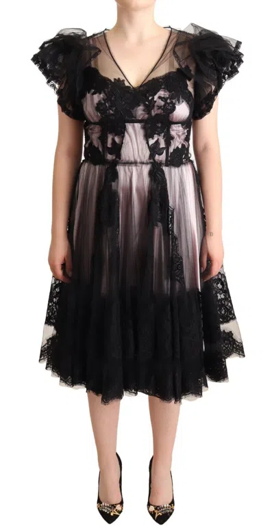 Dolce & Gabbana Black Pink Floral Lace A-line Midi Sheer Dress In Black