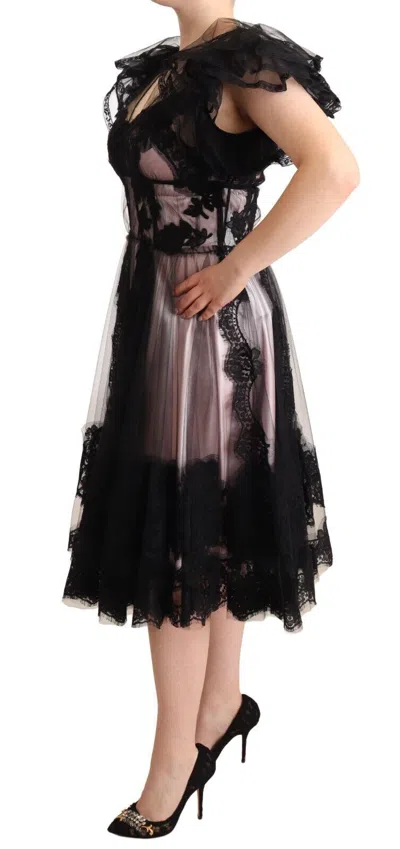 Dolce & Gabbana Black Pink Floral Lace A-line Midi Sheer Dress In Black