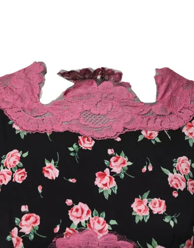 Dolce & Gabbana Black Pink Floral Lace Silk Sheath Dress In Pink
