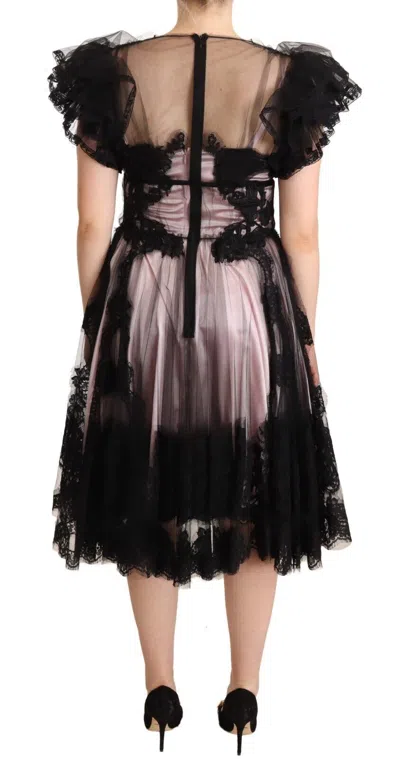 Dolce & Gabbana Black Pink Floral Lace A-line Midi Sheer Dress In Black