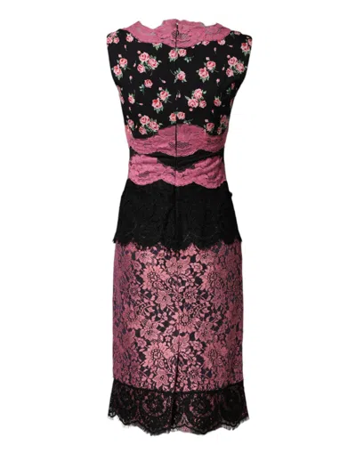 Dolce & Gabbana Black Pink Floral Lace Silk Sheath Dress In Pink