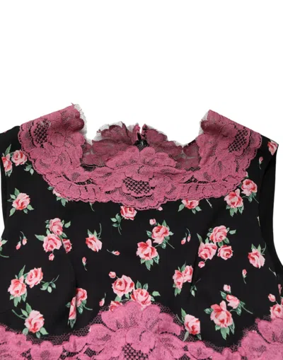 Dolce & Gabbana Black Pink Floral Lace Silk Sheath Dress In Pink