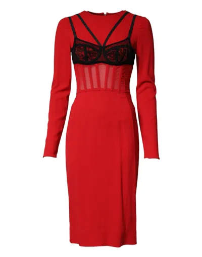 Dolce & Gabbana Black Red Contrasting Bra Cady Midi Dress In Red