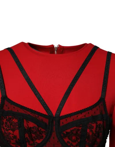 Dolce & Gabbana Black Red Contrasting Bra Cady Midi Dress In Red