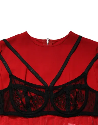 Dolce & Gabbana Black Red Contrasting Bra Cady Midi Dress In Red