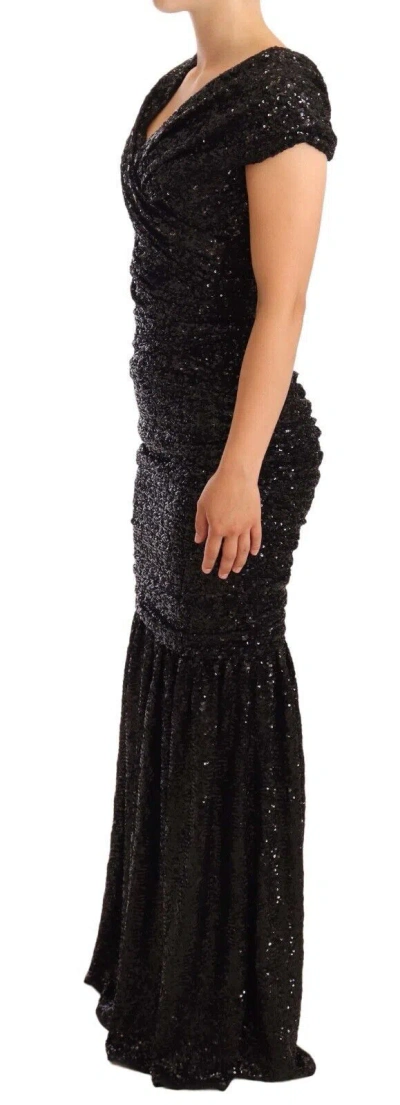 Dolce & Gabbana Black Sequined Open Shoulder Long Gown Dress In Black