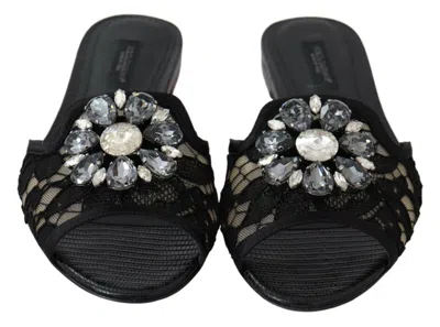 Dolce & Gabbana Black Taormina Lace Slides Crystals Flats Women's Shoes In Black
