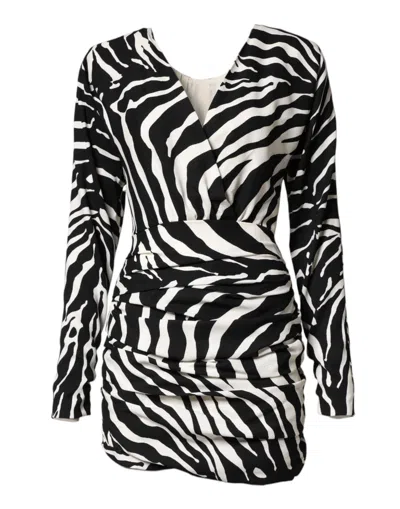 Pre-owned Dolce & Gabbana Black White Zebra Silk Sheath Mini Women's Dress () In Multi