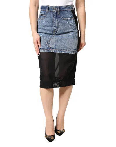 Dolce & Gabbana Blue Black Cotton Denim Sheer Midi Skirt In Blue