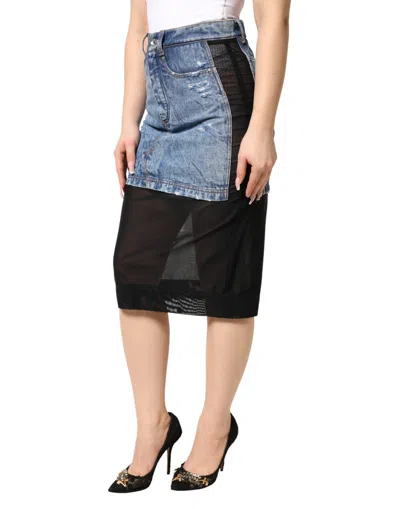 Dolce & Gabbana Blue Black Cotton Denim Sheer Midi Skirt In Blue