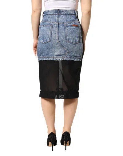 Dolce & Gabbana Blue Black Cotton Denim Sheer Midi Skirt In Blue