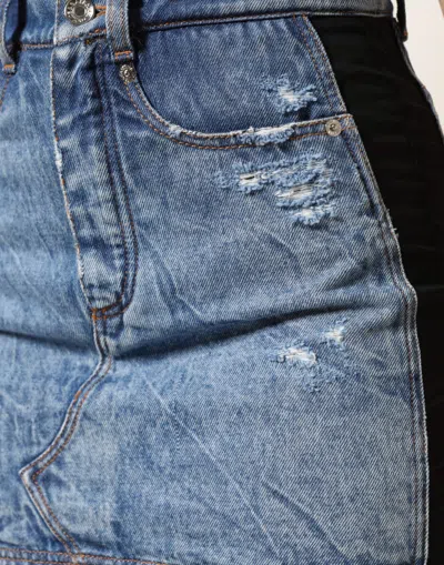 Dolce & Gabbana Blue Black Cotton Denim Sheer Midi Skirt In Blue