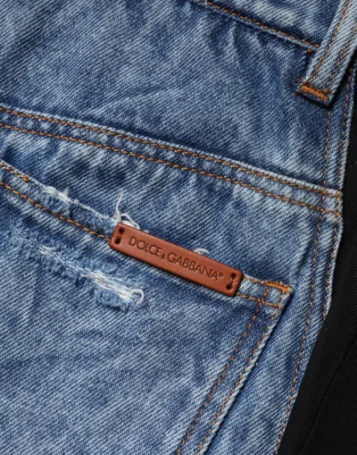 Dolce & Gabbana Blue Black Cotton Denim Sheer Midi Skirt In Blue