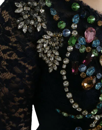 Dolce & Gabbana Blue Crystal Floral Lace Long Gown Women's Dress In Black