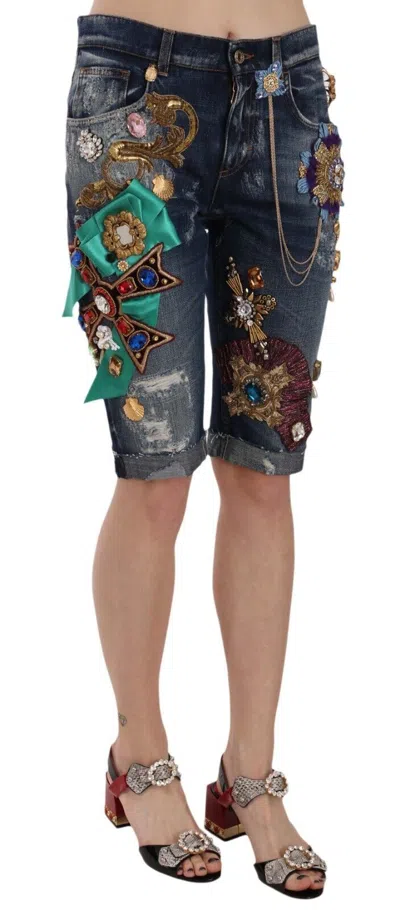 Dolce & Gabbana Blue Denim Mid Waist Crystal Capri Shorts In Blue