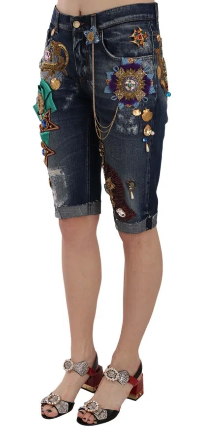 Dolce & Gabbana Blue Denim Mid Waist Crystal Capri Shorts In Blue