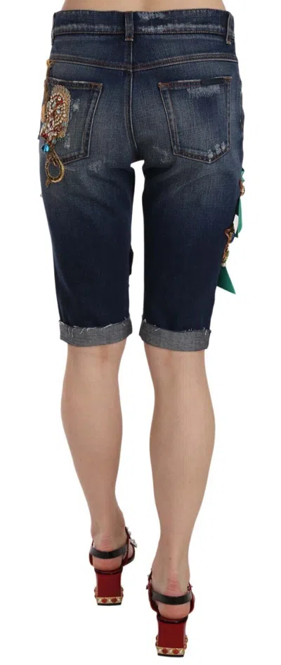 Dolce & Gabbana Blue Denim Mid Waist Crystal Capri Shorts In Blue
