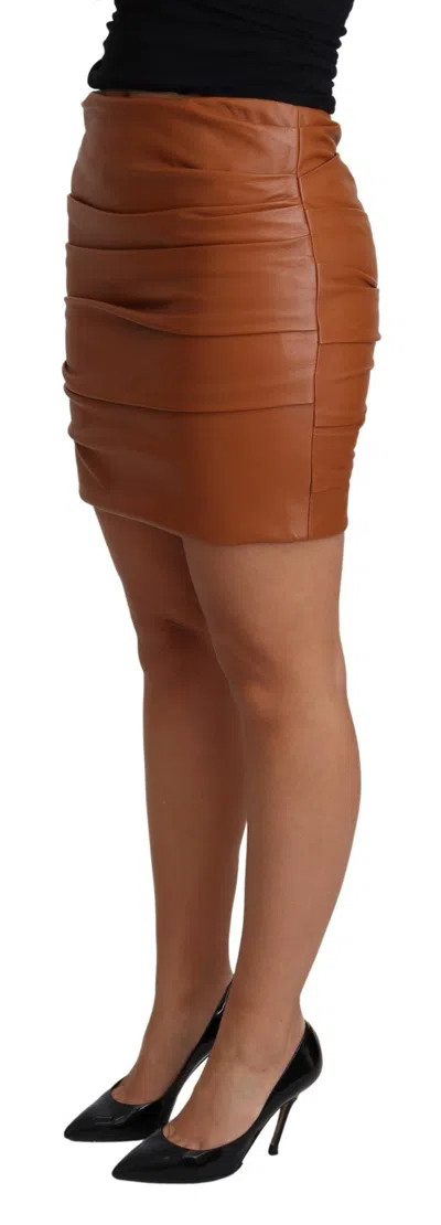 Dolce & Gabbana Brown Lambskin High Waist Mini Pleated Skirt In Brown