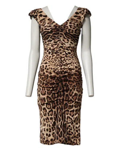 Dolce & Gabbana Brown Leopard Sleeveless Sheath Midi Dress In Brown