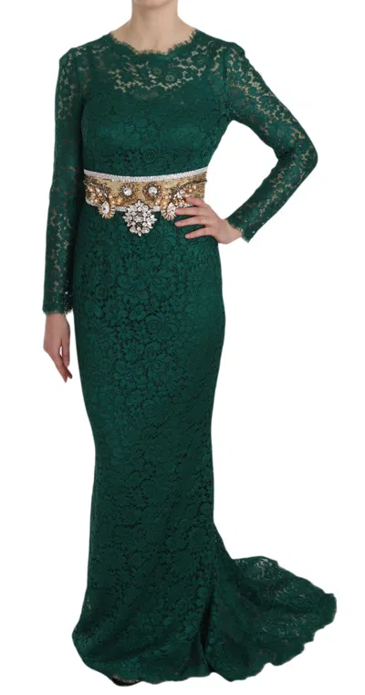 Dolce & Gabbana Crystal Gold Belt Lace Sheath Gown Women's Dress In Green